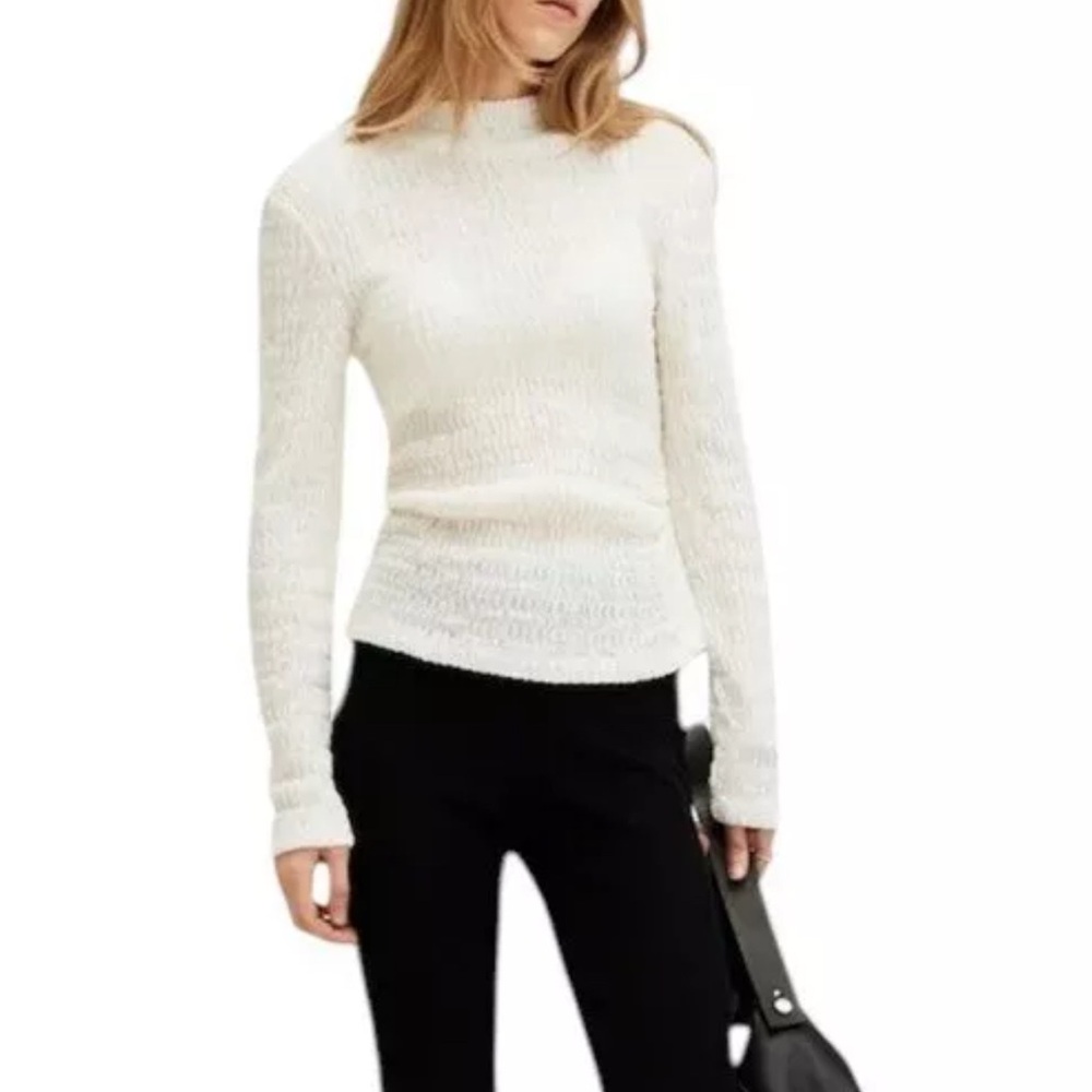 NEW ALLSAINTS Connie Francesco Textured L/S Mock Neck Top XS in Chalk White